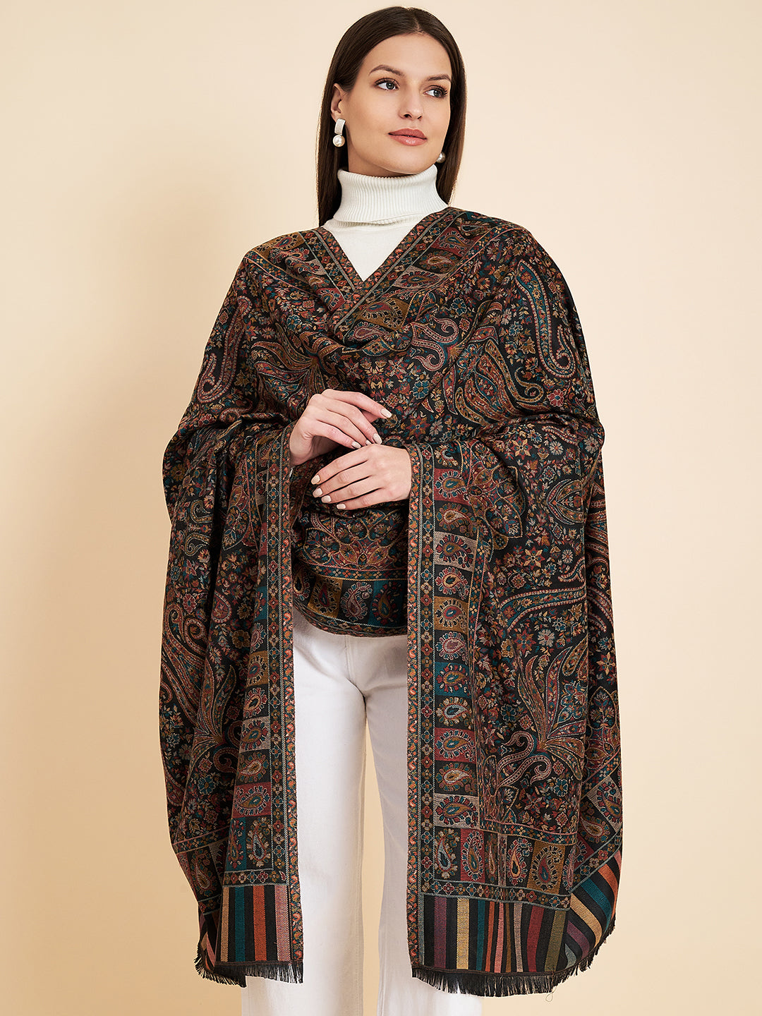 Kani Shawl for Women with Paisley Jaal Pattern | Black