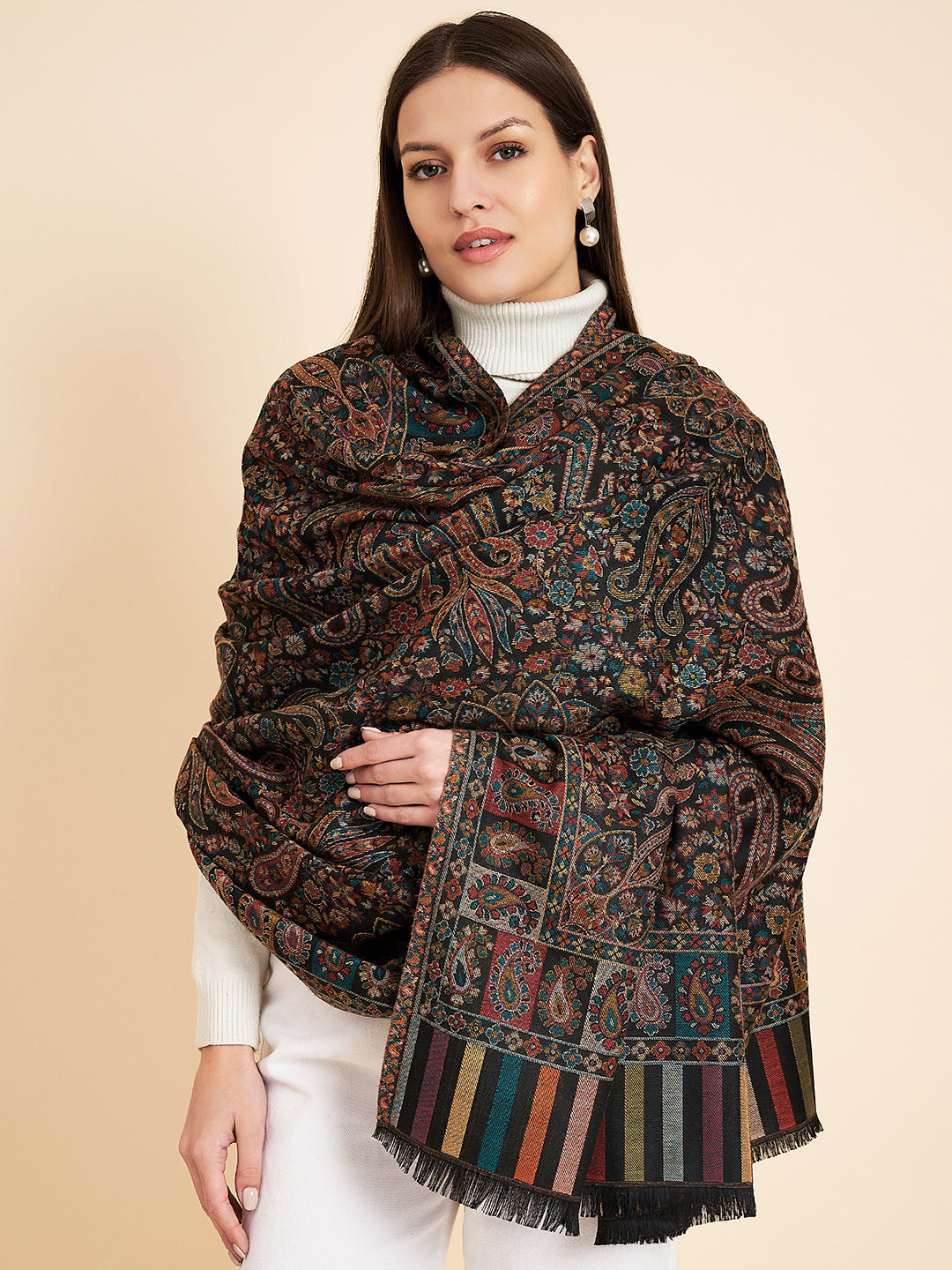 Kani Shawl for Women with Paisley Jaal Pattern | Black