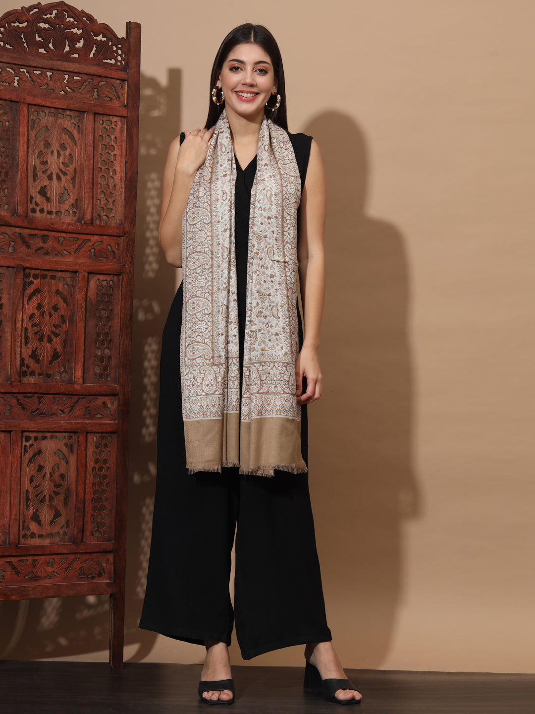 Kani Weave Woven Stole for Women in Paisley Jaal Patterns | Brown