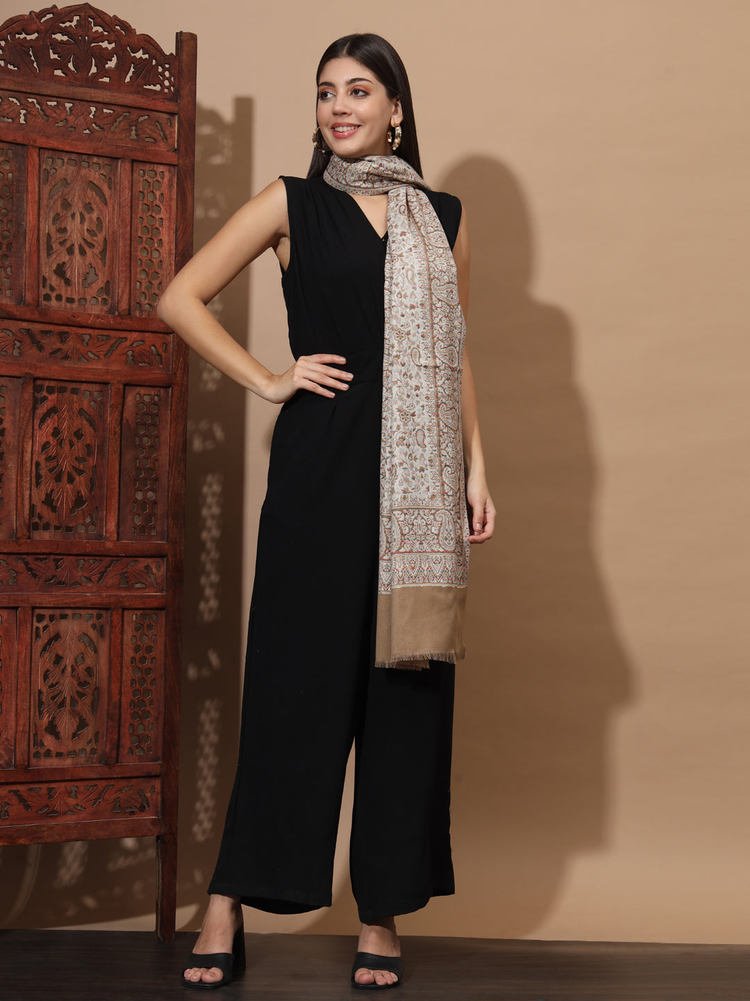 Kani Weave Woven Stole for Women in Paisley Jaal Patterns | Brown