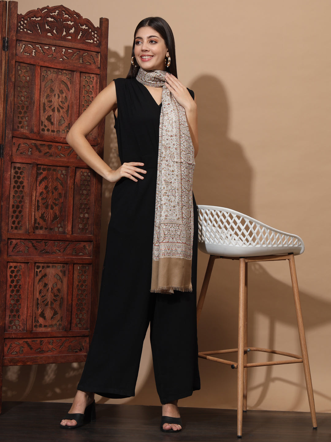 Kani Weave Woven Stole for Women in Paisley Jaal Patterns | Brown