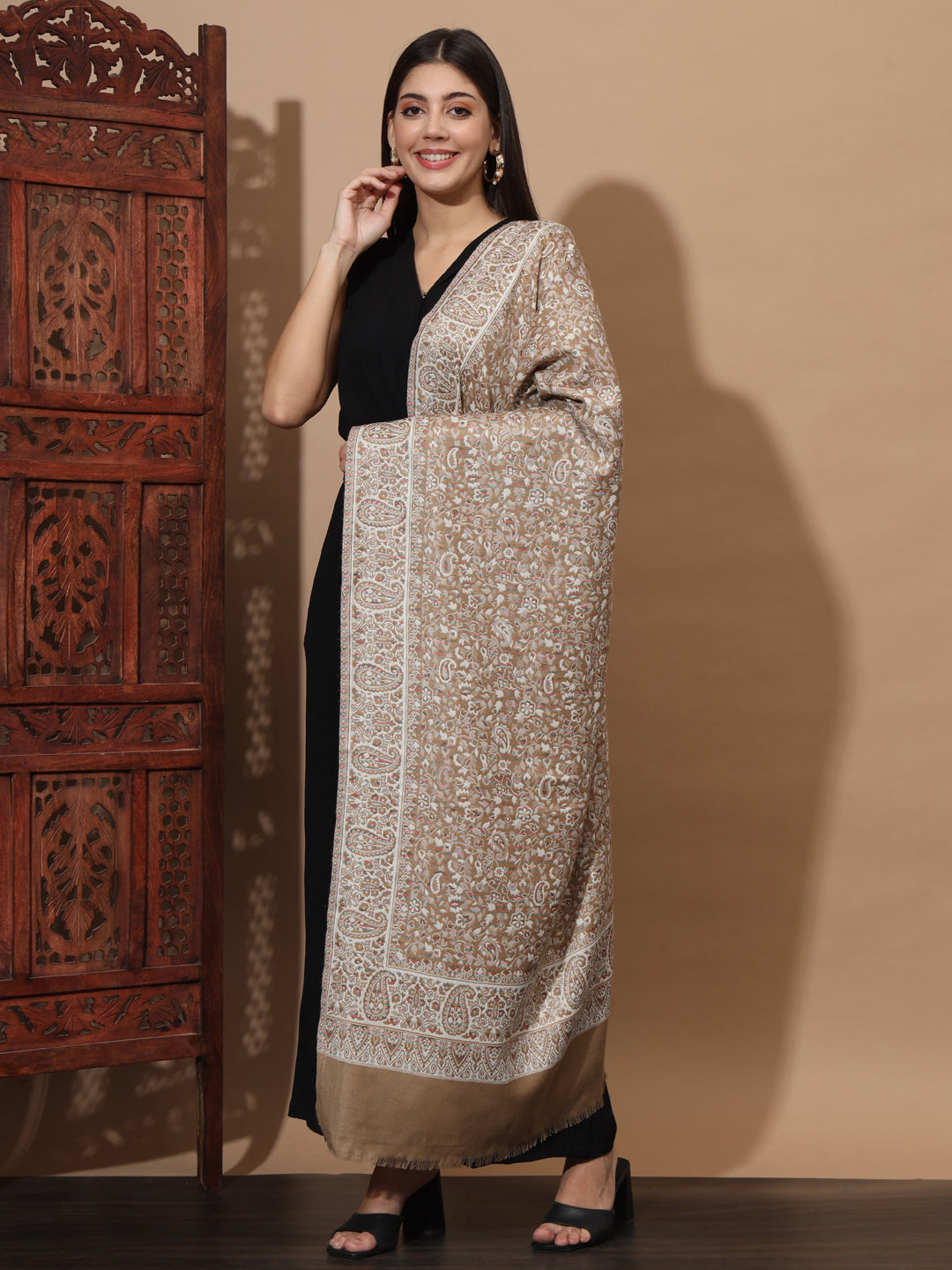 Kani Weave Woven Stole for Women in Paisley Jaal Patterns | Brown