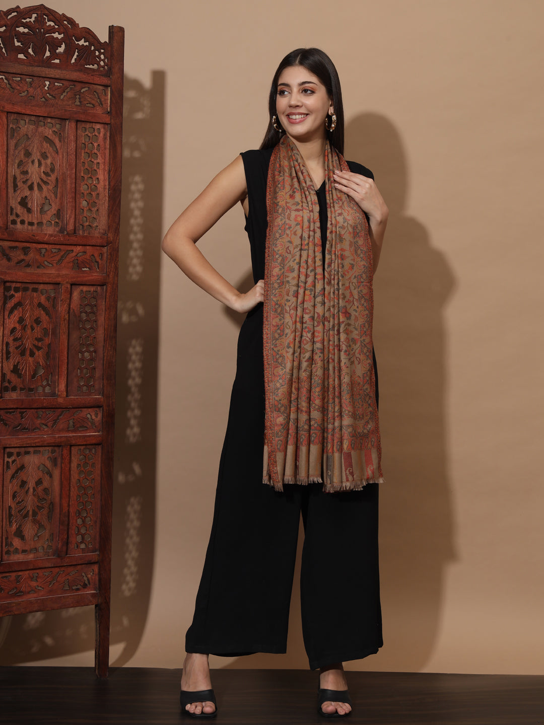Kani Weave Woven Stole for Women in Paisley Jaal Patterns | Brown