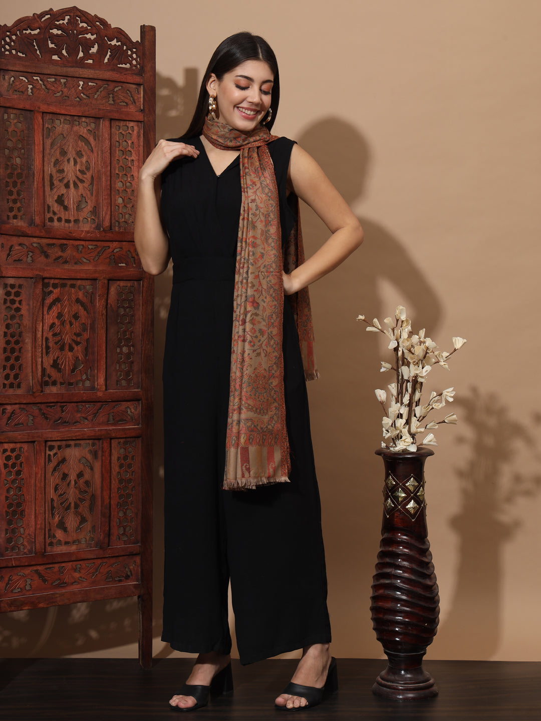 Kani Weave Woven Stole for Women in Paisley Jaal Patterns | Brown