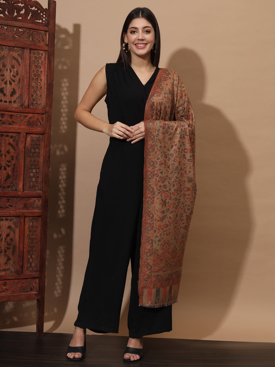 Kani Weave Woven Stole for Women in Paisley Jaal Patterns | Brown