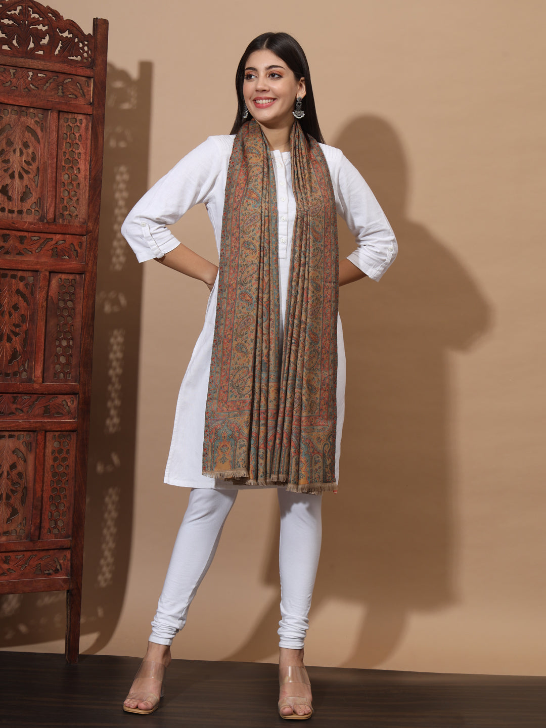 Kani Weave Woven Shawl for Women in Paisley Floral Jaal Patterns | Brown