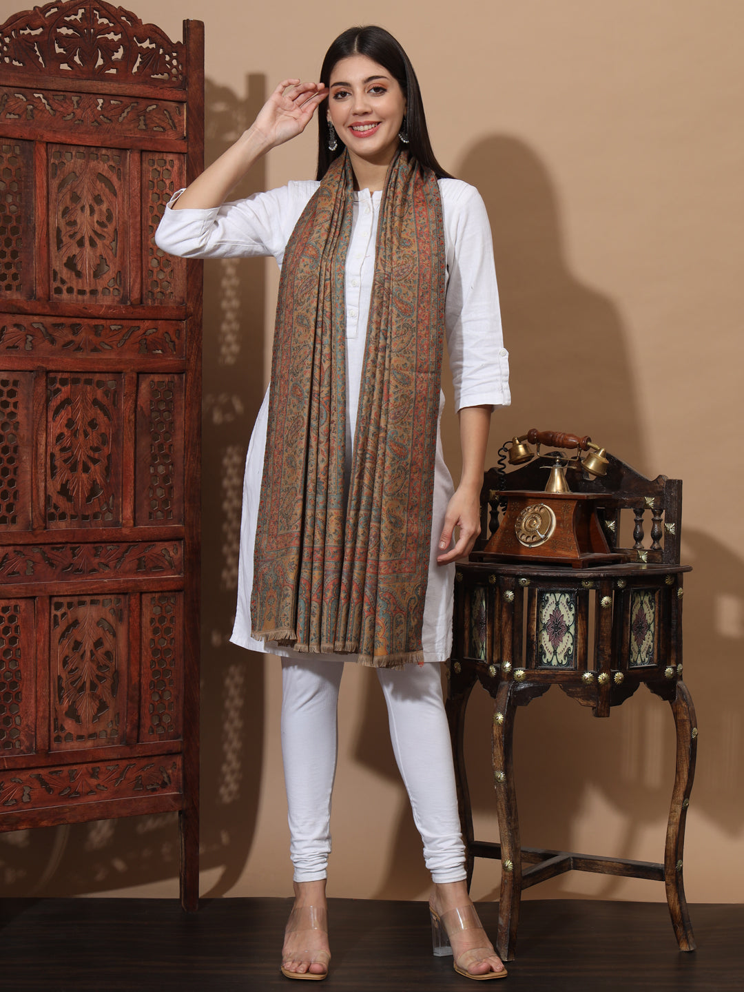 Kani Weave Woven Shawl for Women in Paisley Floral Jaal Patterns | Brown