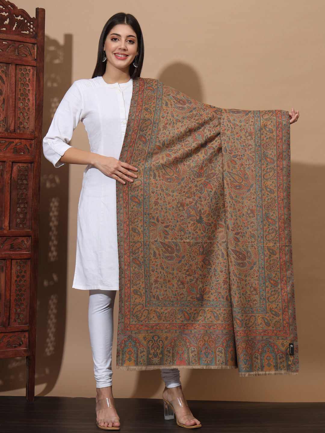 Kani Weave Woven Shawl for Women in Paisley Floral Jaal Patterns | Brown