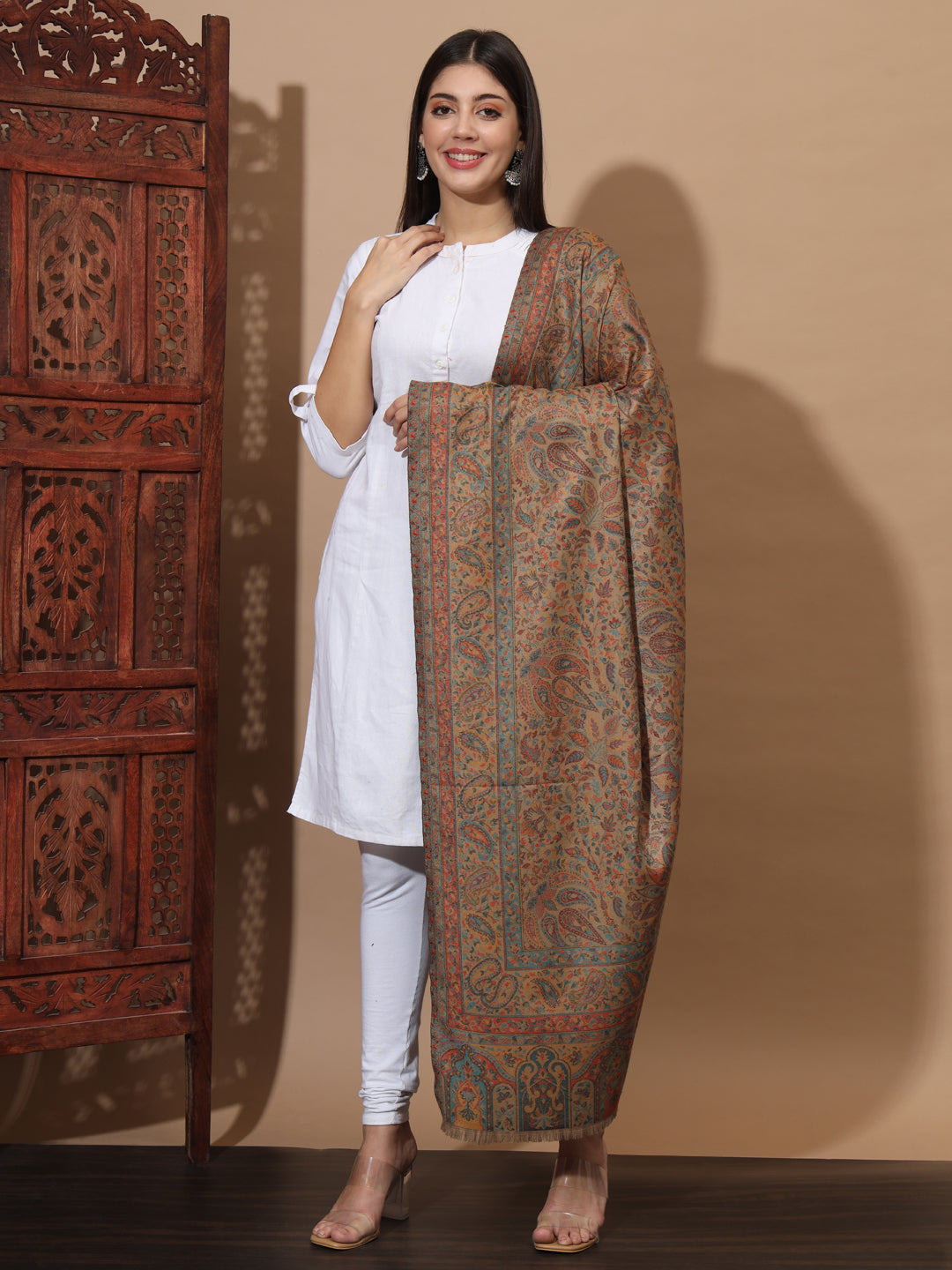 Kani Weave Woven Shawl for Women in Paisley Floral Jaal Patterns | Brown