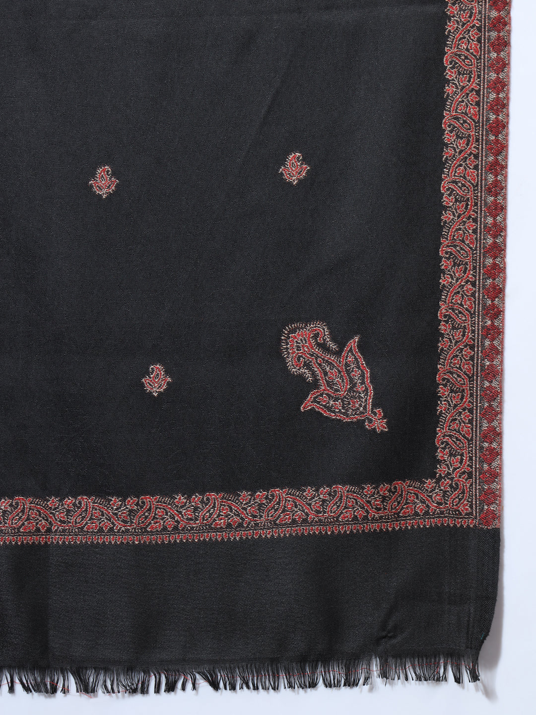 Woven Stole for Women with Daur Border in Woollen Kashmiri Design | Black