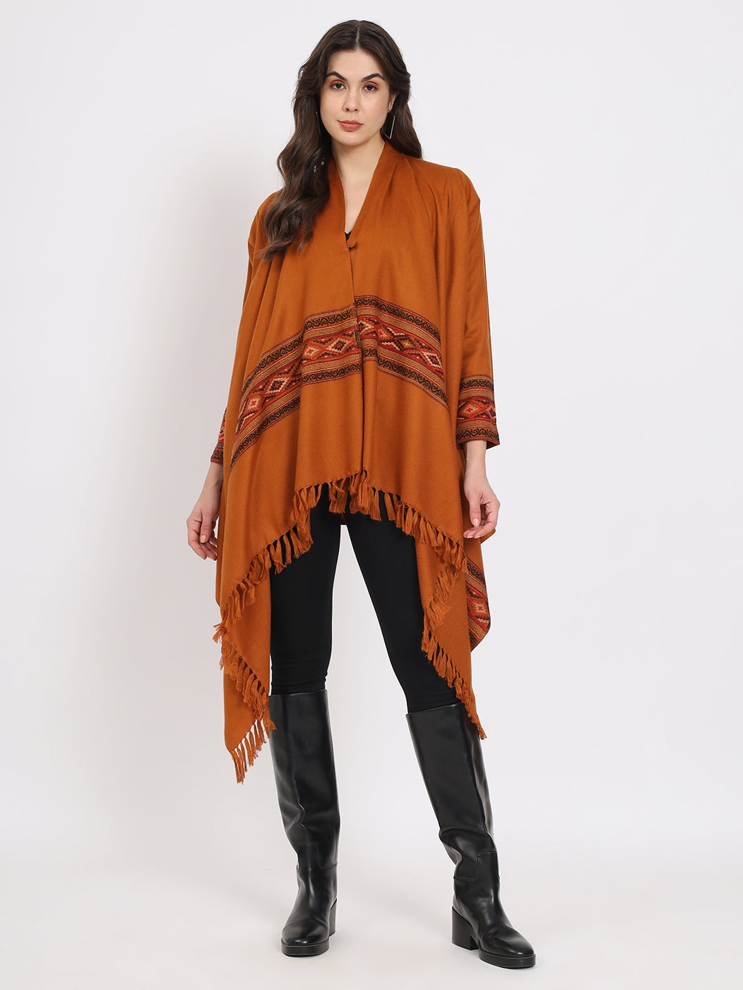Women's Woven Full Sleeves Cape Shrug in Himalayan Stripes | Mustard