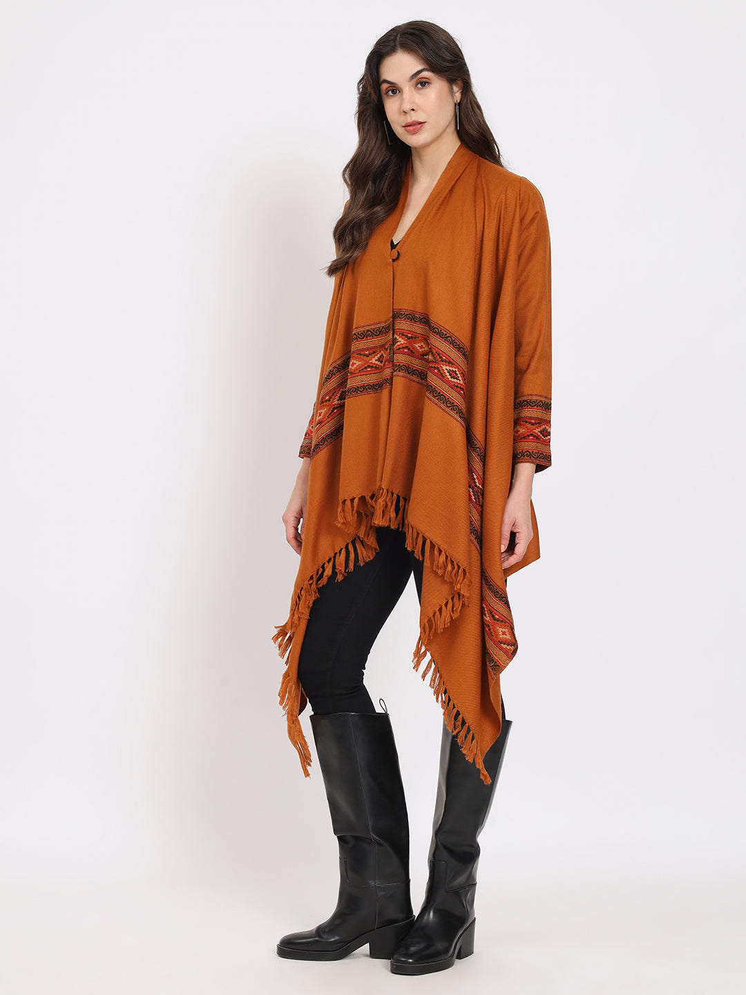 Women's Woven Full Sleeves Cape Shrug in Himalayan Stripes | Mustard