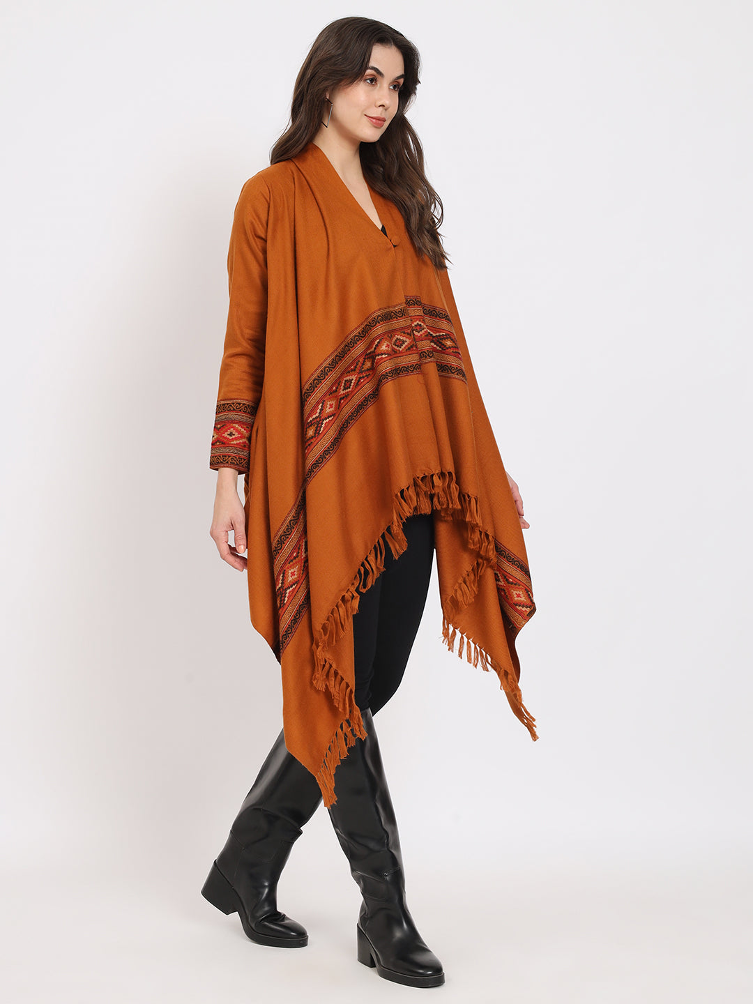 Women's Woven Full Sleeves Cape Shrug in Himalayan Stripes | Mustard