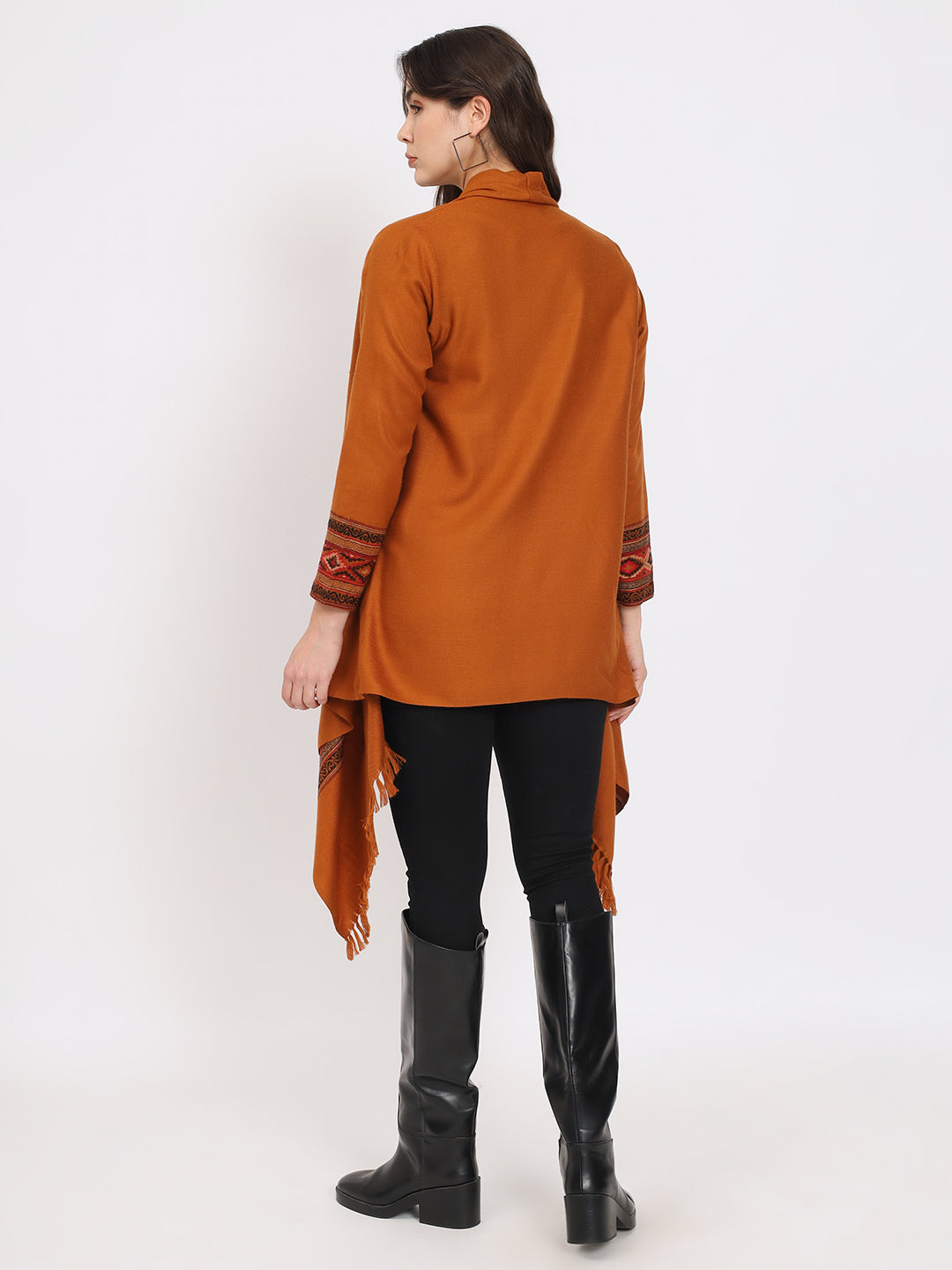Women's Woven Full Sleeves Cape Shrug in Himalayan Stripes | Mustard