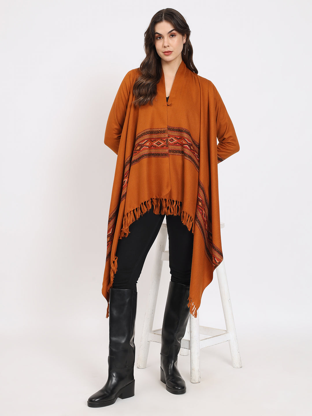 Women's Woven Full Sleeves Cape Shrug in Himalayan Stripes | Mustard