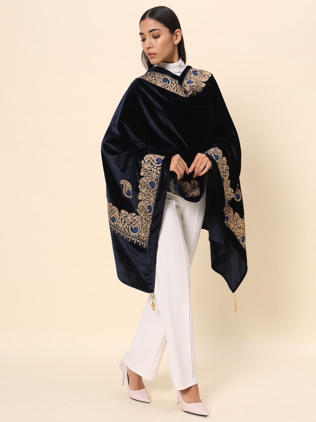 Soft Velvet Paisley Embroidered Stole For Women | Blue