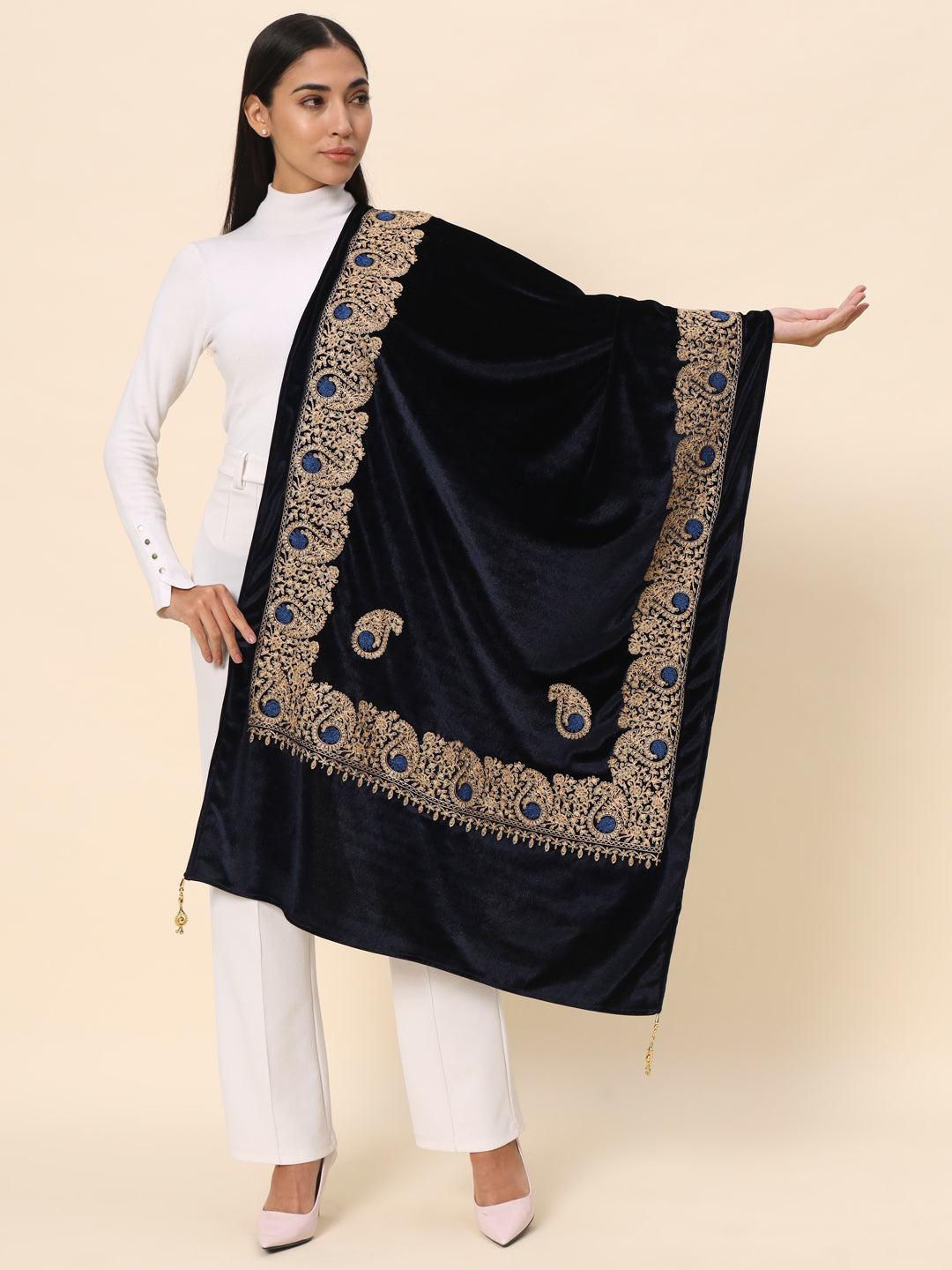 Soft Velvet Paisley Embroidered Stole For Women | Blue