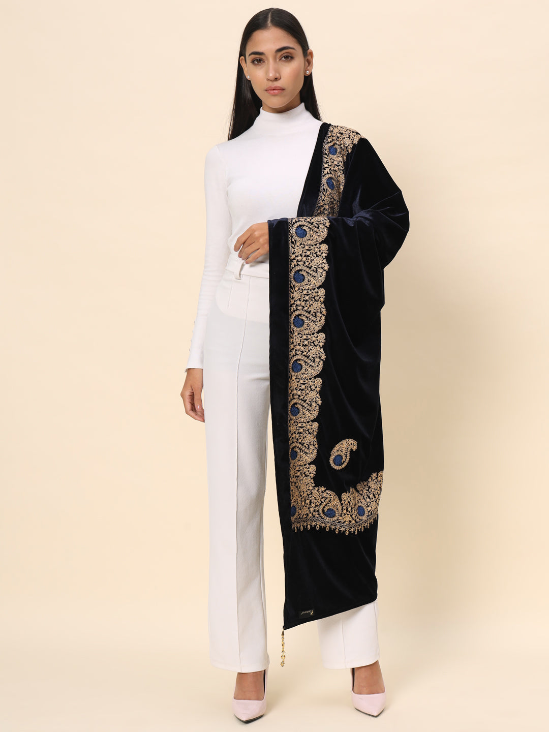 Soft Velvet Paisley Embroidered Stole For Women | Blue