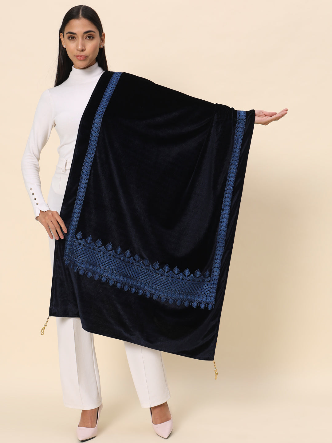 Soft Velvet Embroidered Stole For Women | Blue