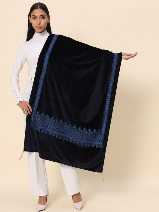 Soft Velvet Embroidered Stole For Women | Blue