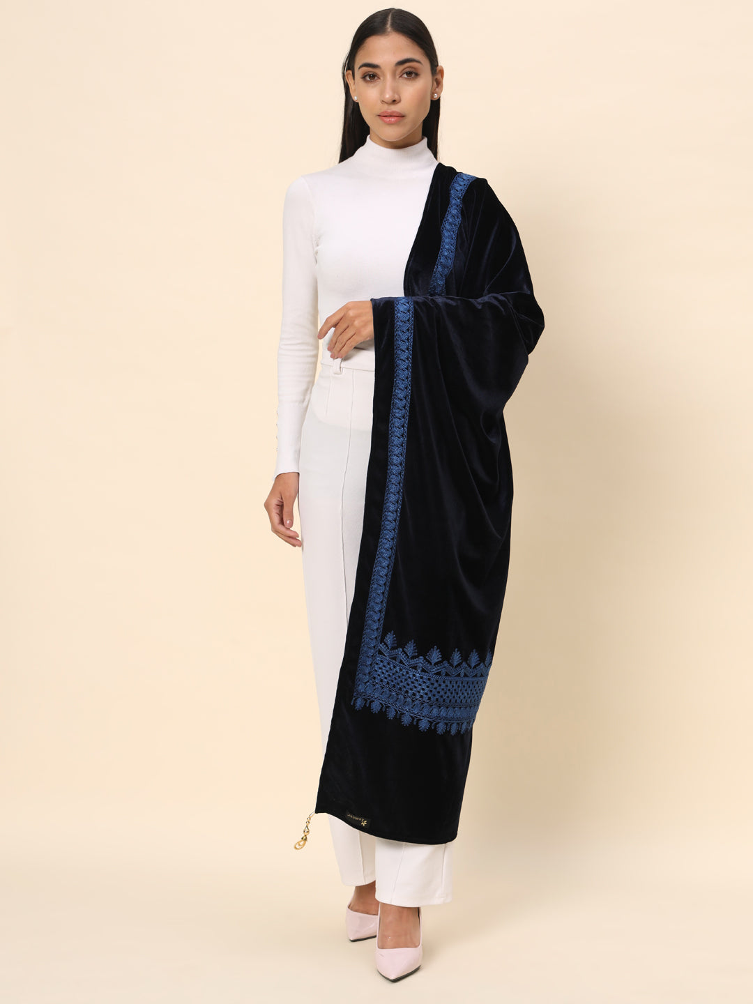 Soft Velvet Embroidered Stole For Women | Blue