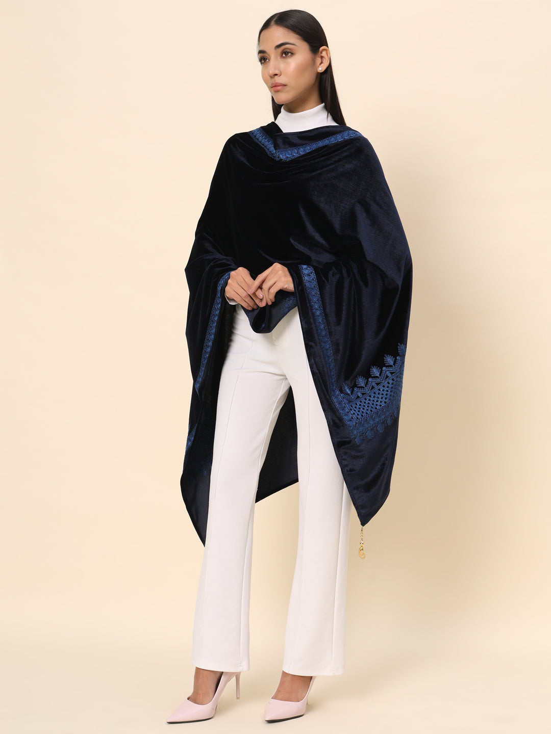 Soft Velvet Embroidered Stole For Women | Blue