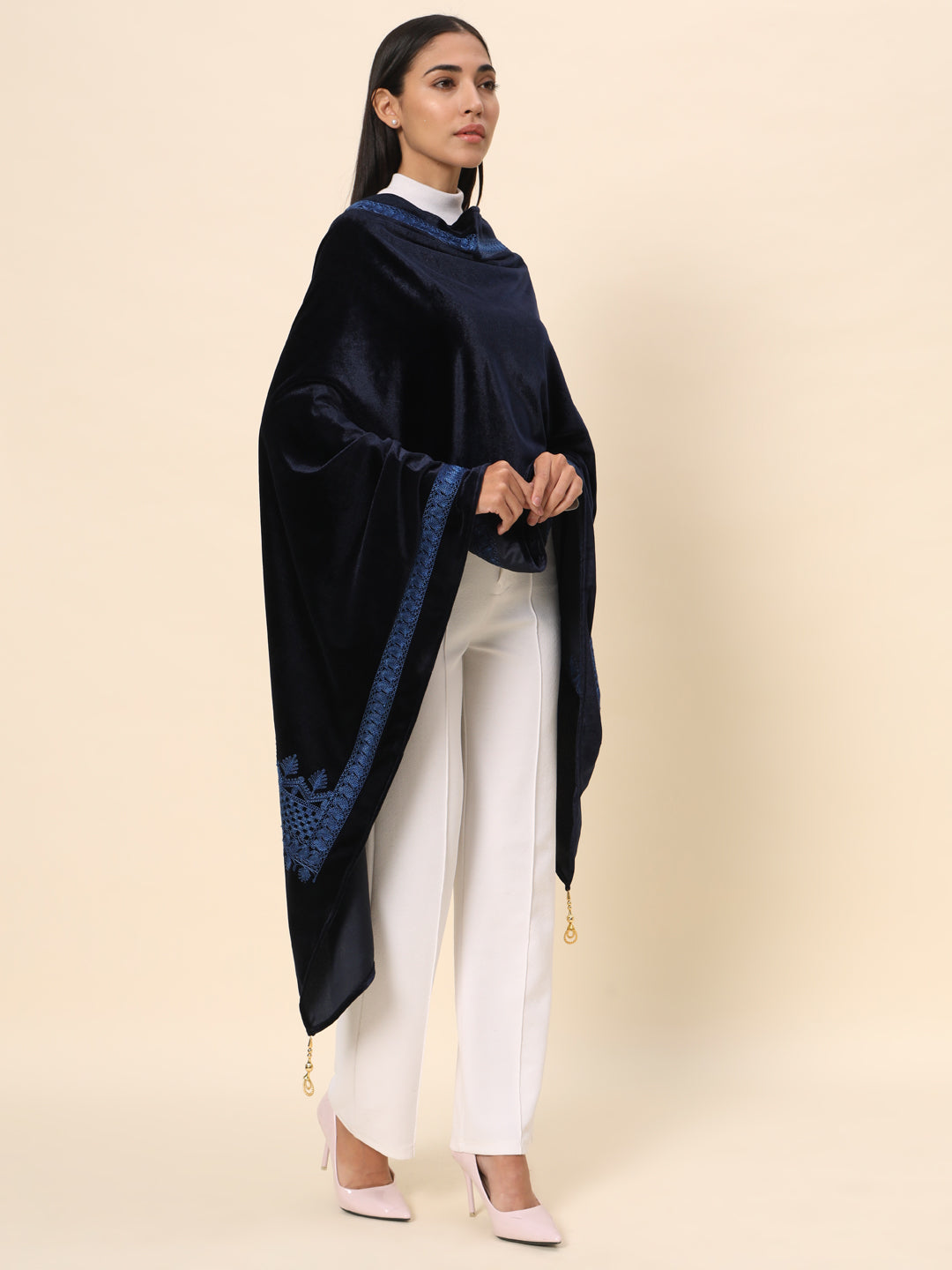 Soft Velvet Embroidered Stole For Women | Blue