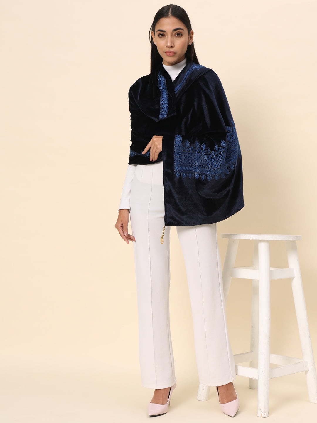 Soft Velvet Embroidered Stole For Women | Blue
