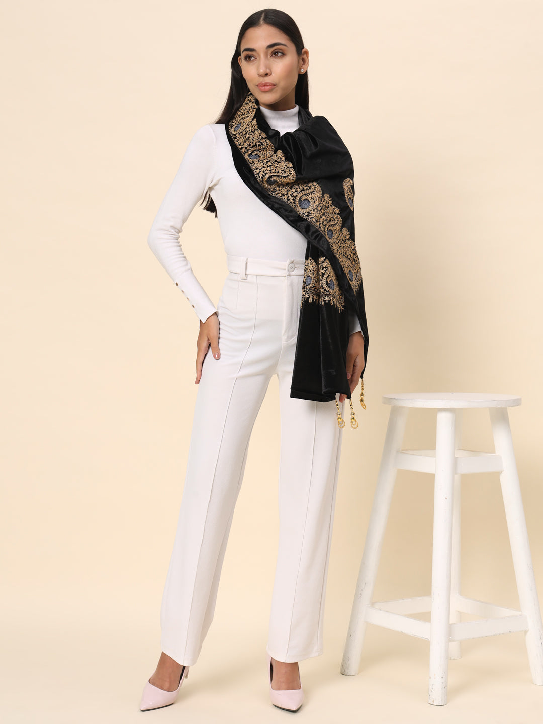 Soft Velvet Paisley Embroidered Stole For Women | Black