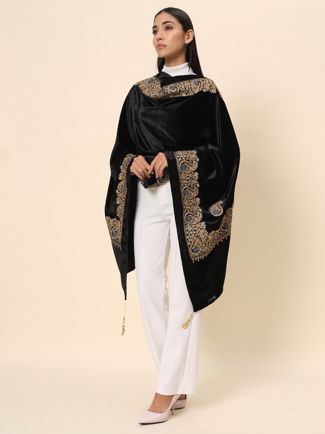 Soft Velvet Paisley Embroidered Stole For Women | Black
