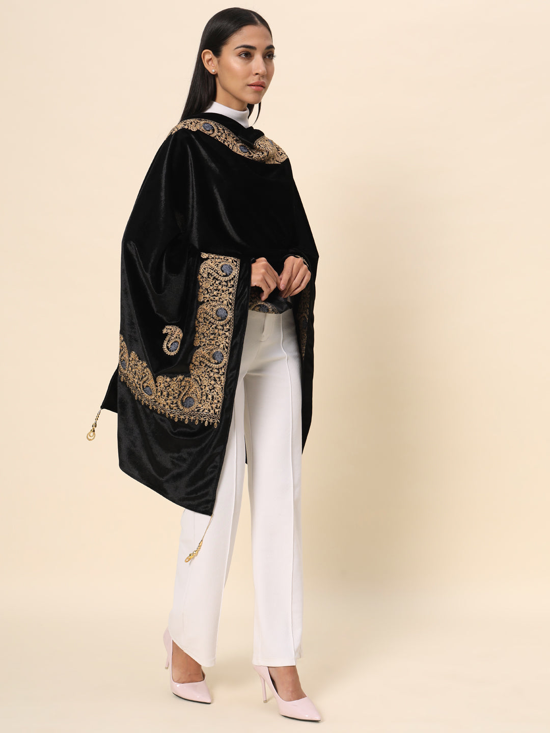 Soft Velvet Paisley Embroidered Stole For Women | Black