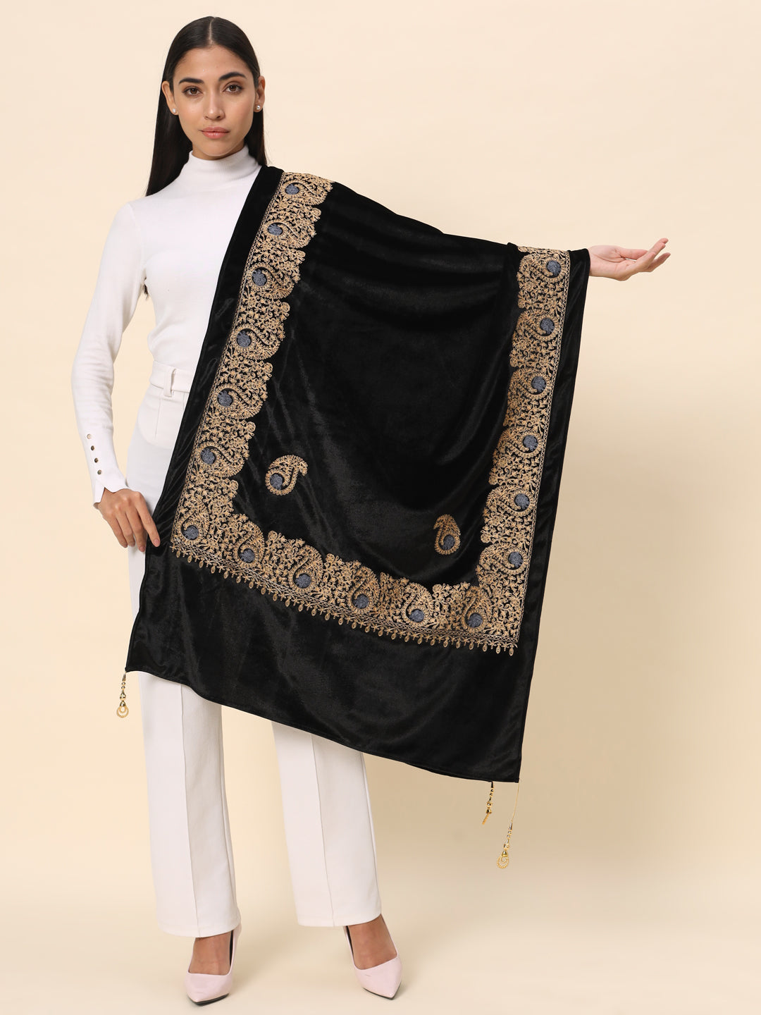 Soft Velvet Paisley Embroidered Stole For Women | Black