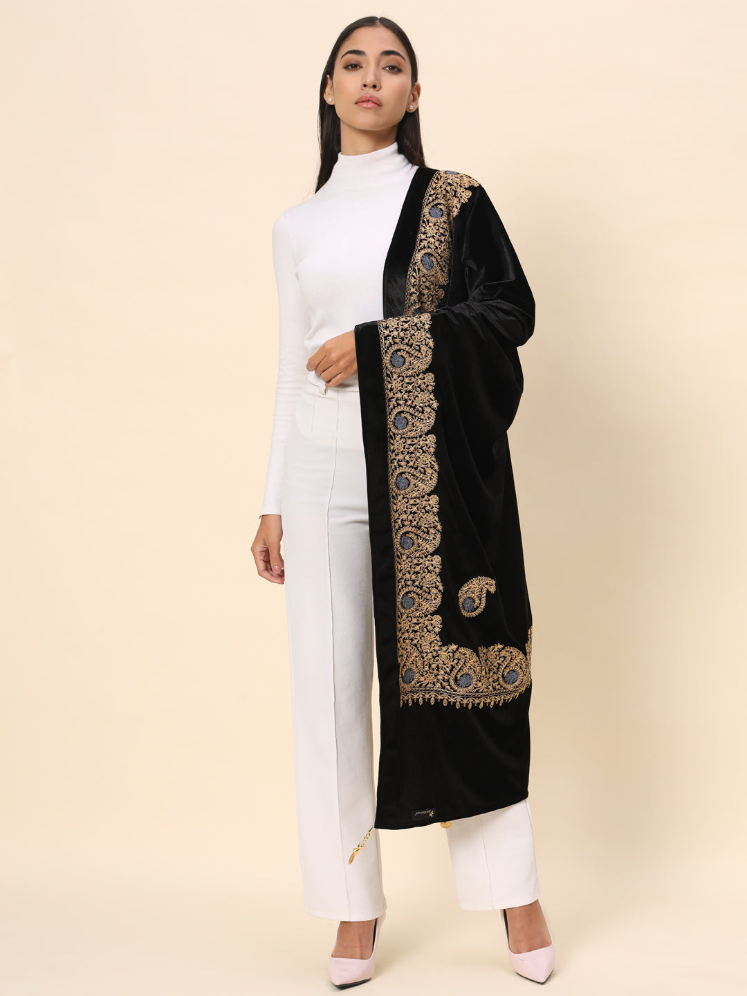 Soft Velvet Paisley Embroidered Stole For Women | Black