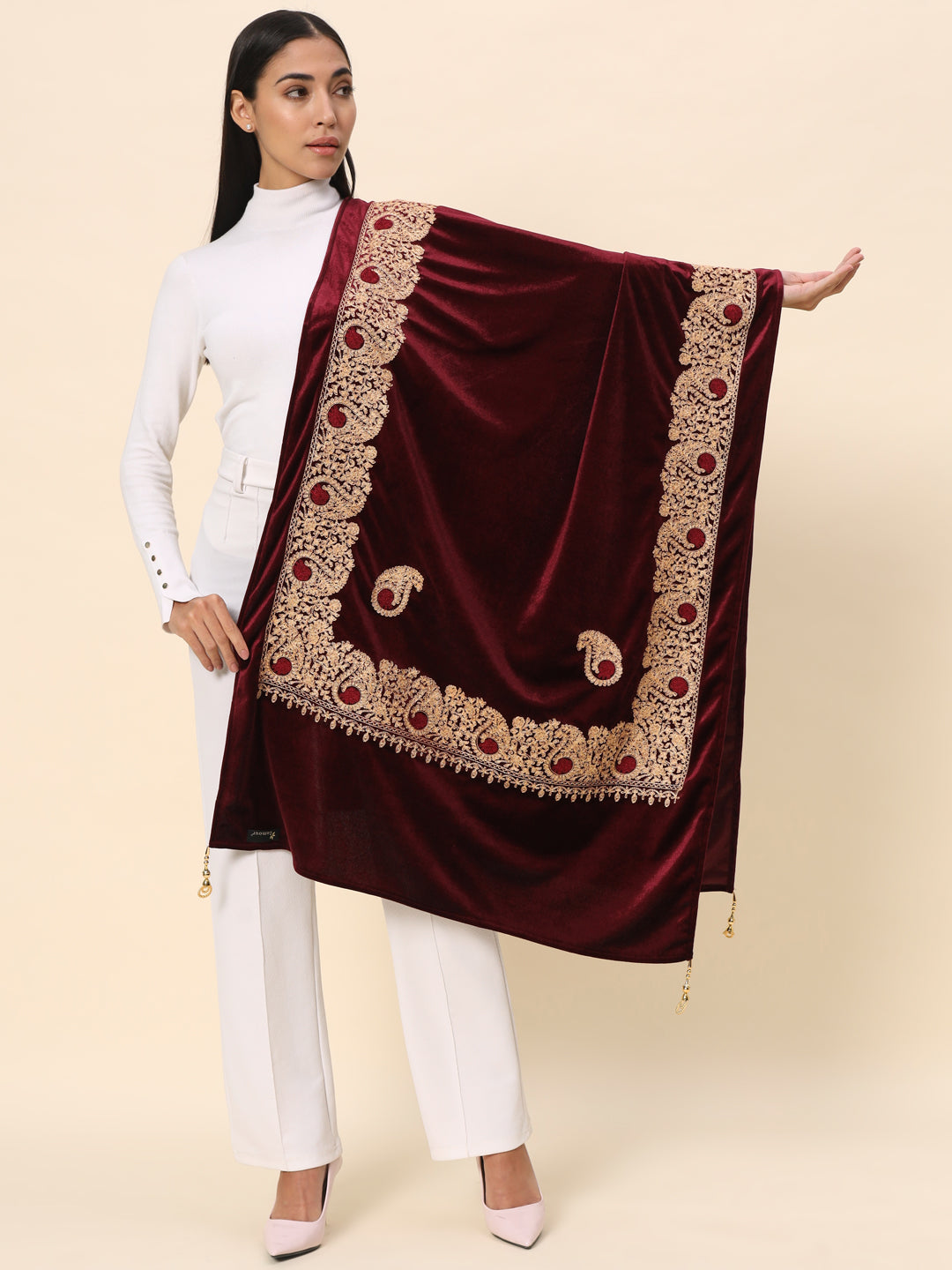 Soft Velvet Paisley Embroidered Stole For Women | Maroon