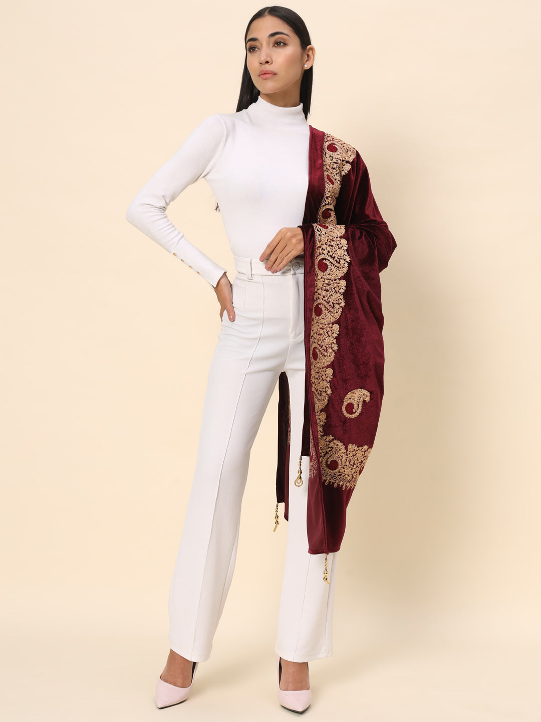 Soft Velvet Paisley Embroidered Stole For Women | Maroon