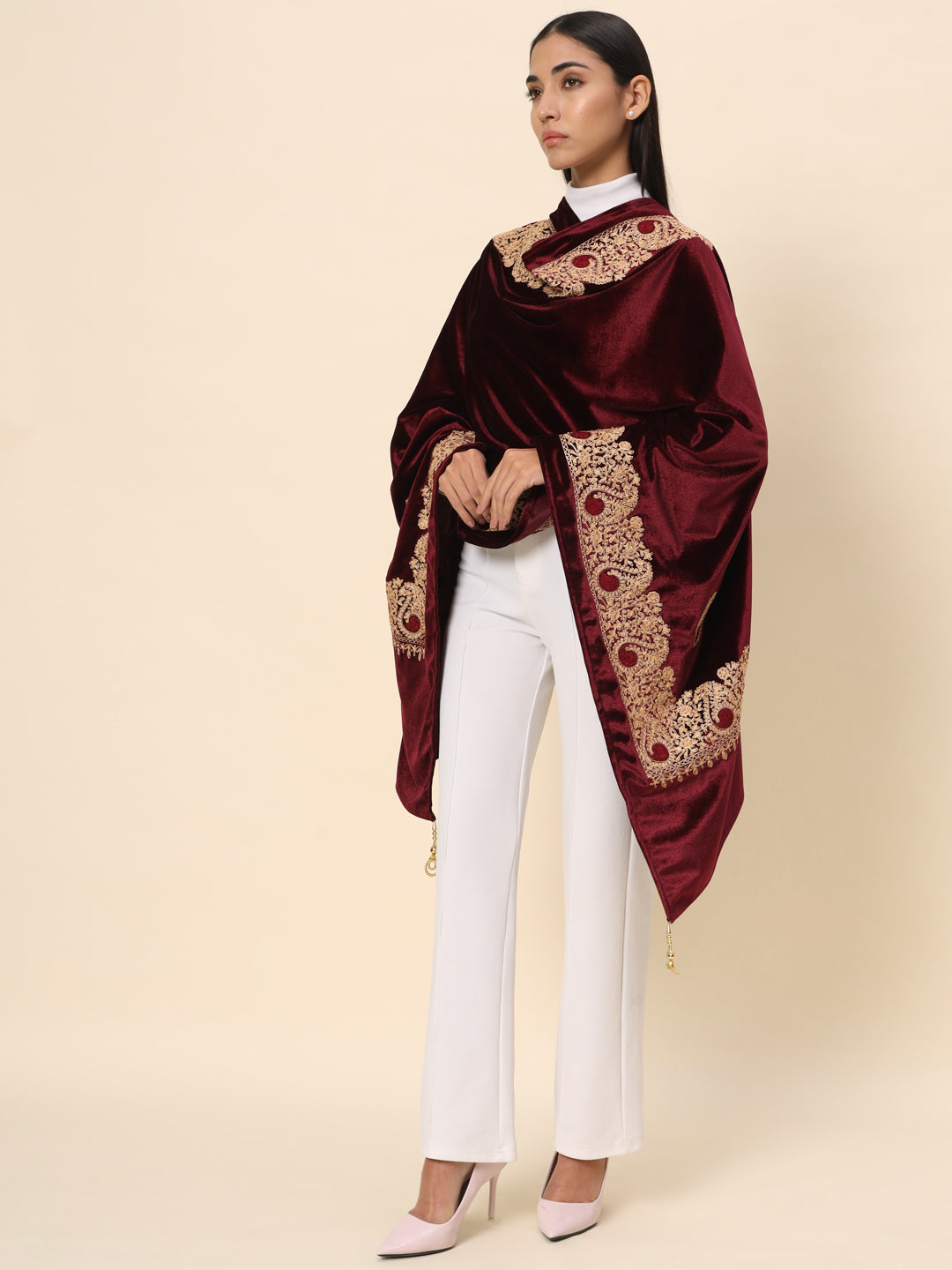 Soft Velvet Paisley Embroidered Stole For Women | Maroon