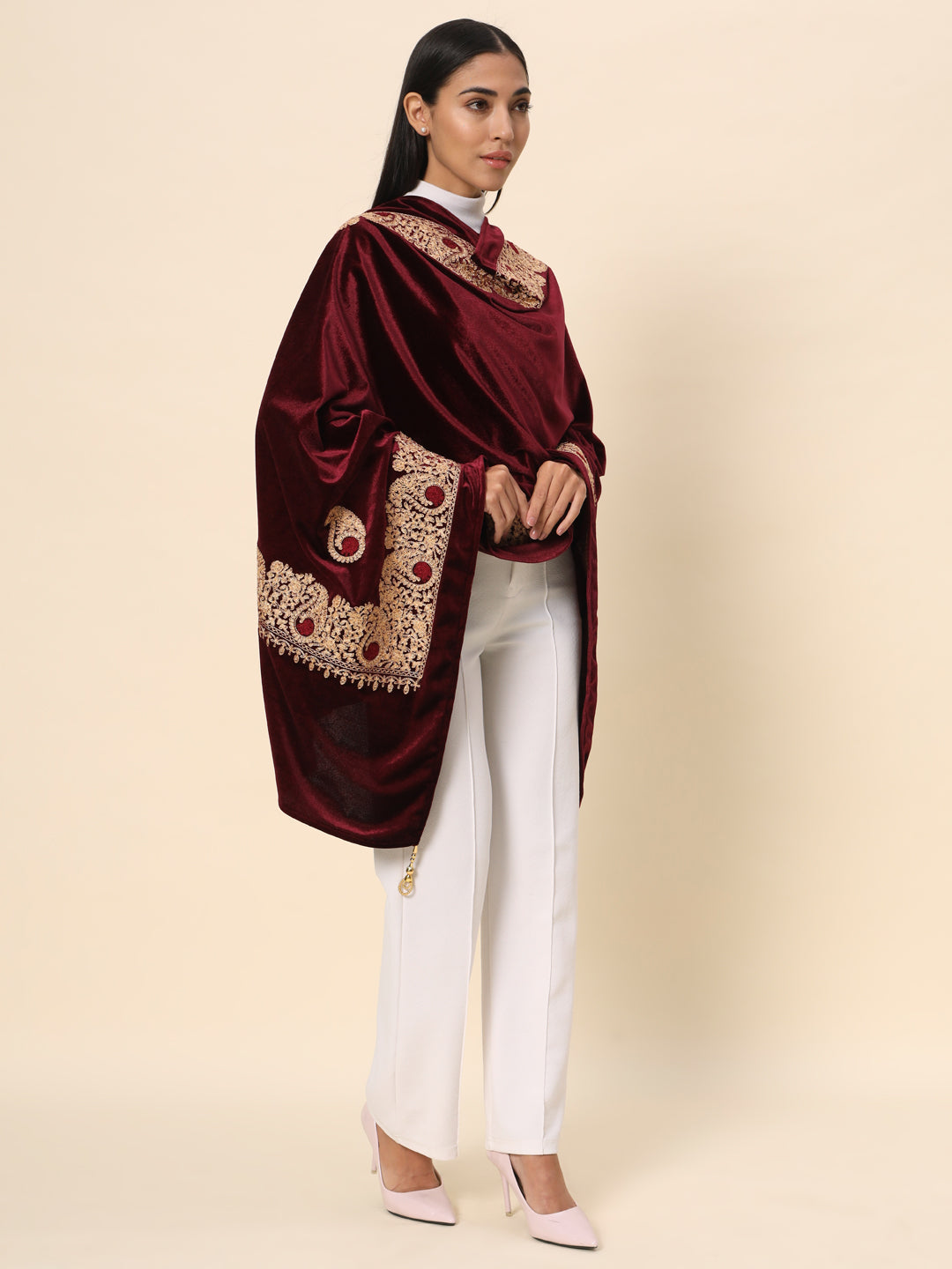 Soft Velvet Paisley Embroidered Stole For Women | Maroon
