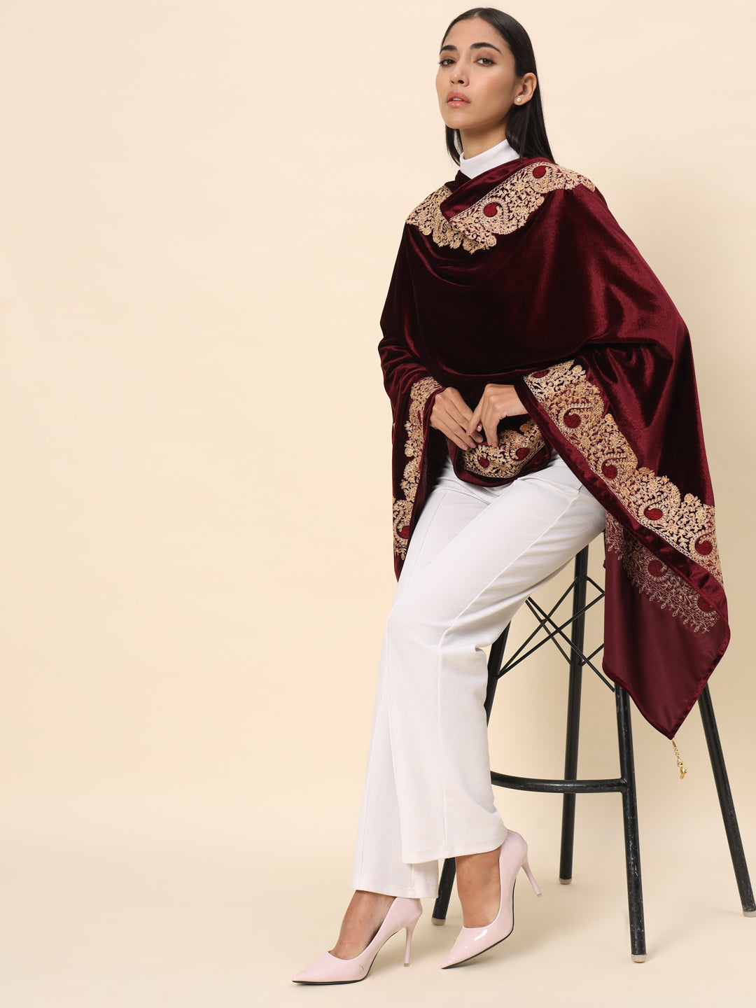 Soft Velvet Paisley Embroidered Stole For Women | Maroon