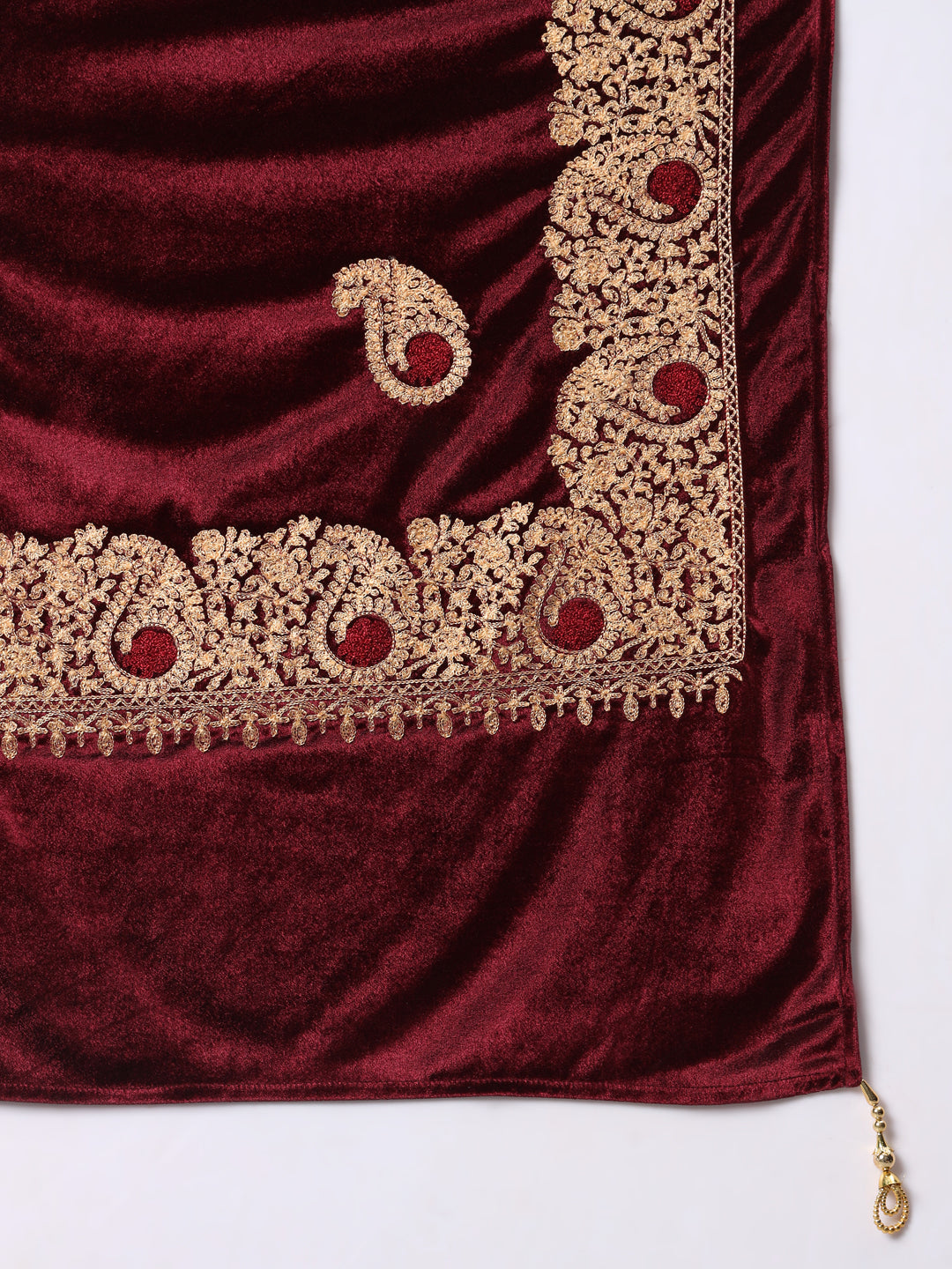 Soft Velvet Paisley Embroidered Stole For Women | Maroon