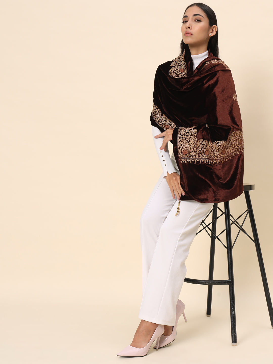 Soft Velvet Paisley Embroidered Stole For Women | Brown