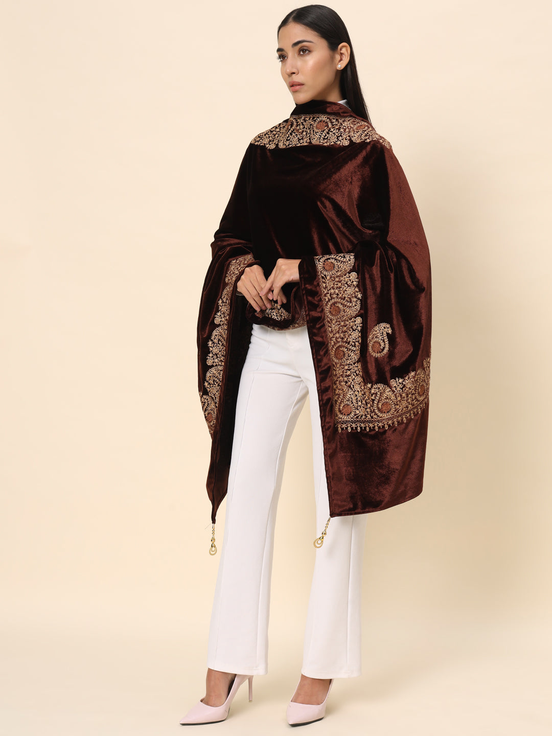 Soft Velvet Paisley Embroidered Stole For Women | Brown
