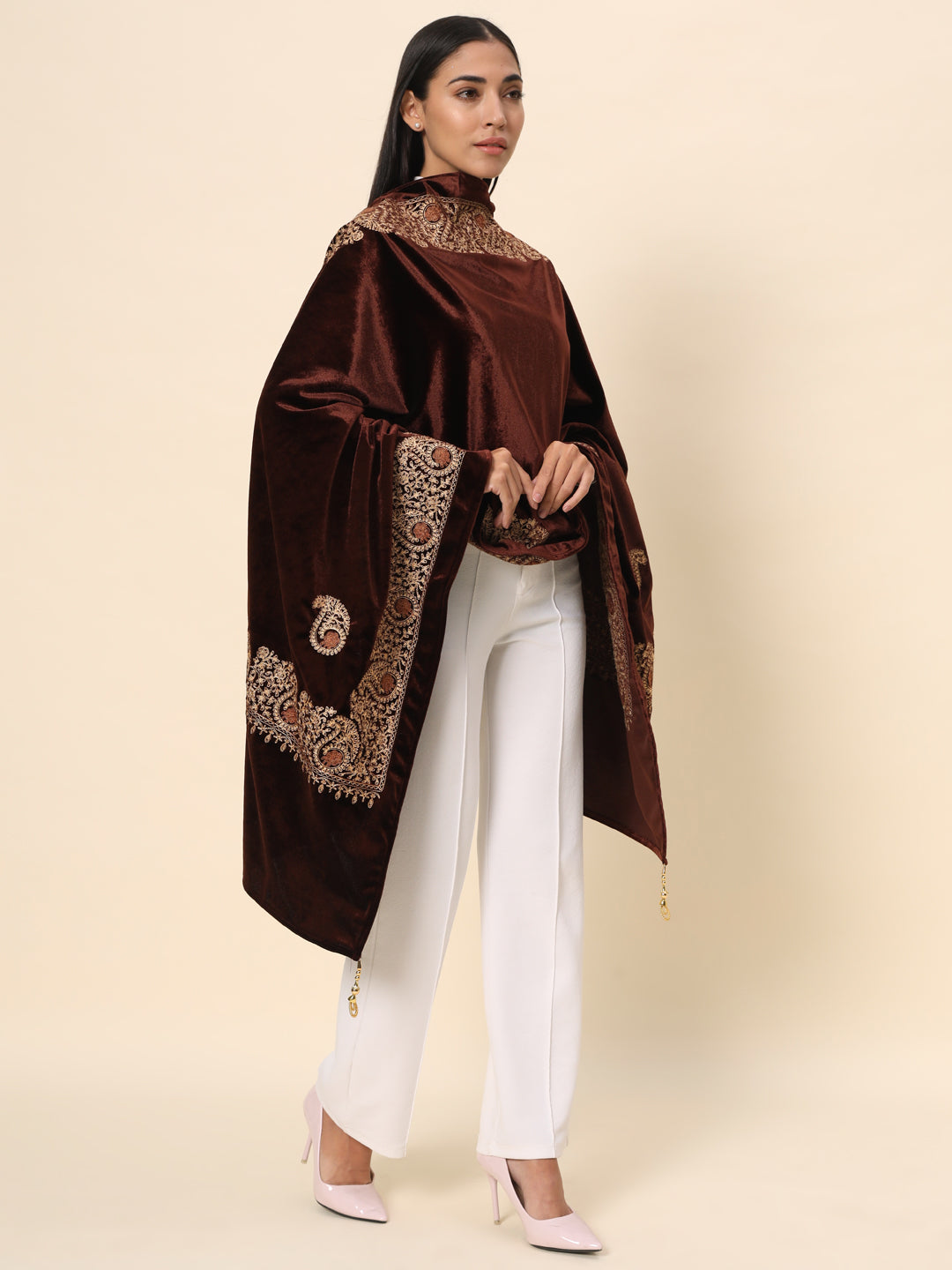 Soft Velvet Paisley Embroidered Stole For Women | Brown