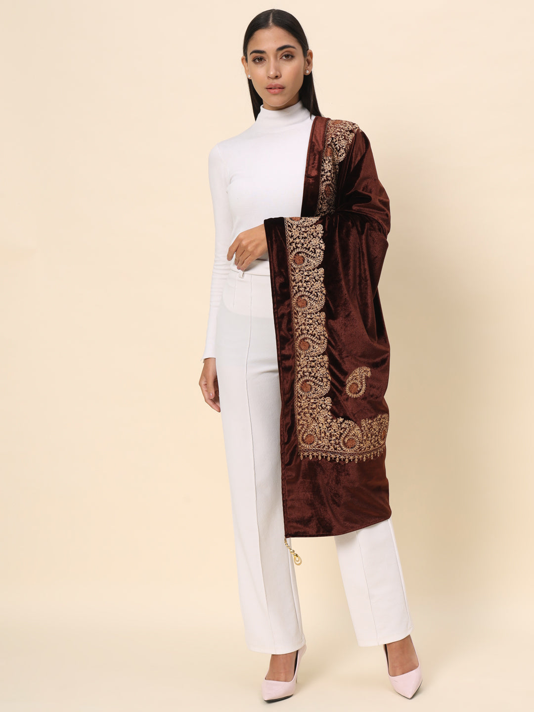Soft Velvet Paisley Embroidered Stole For Women | Brown