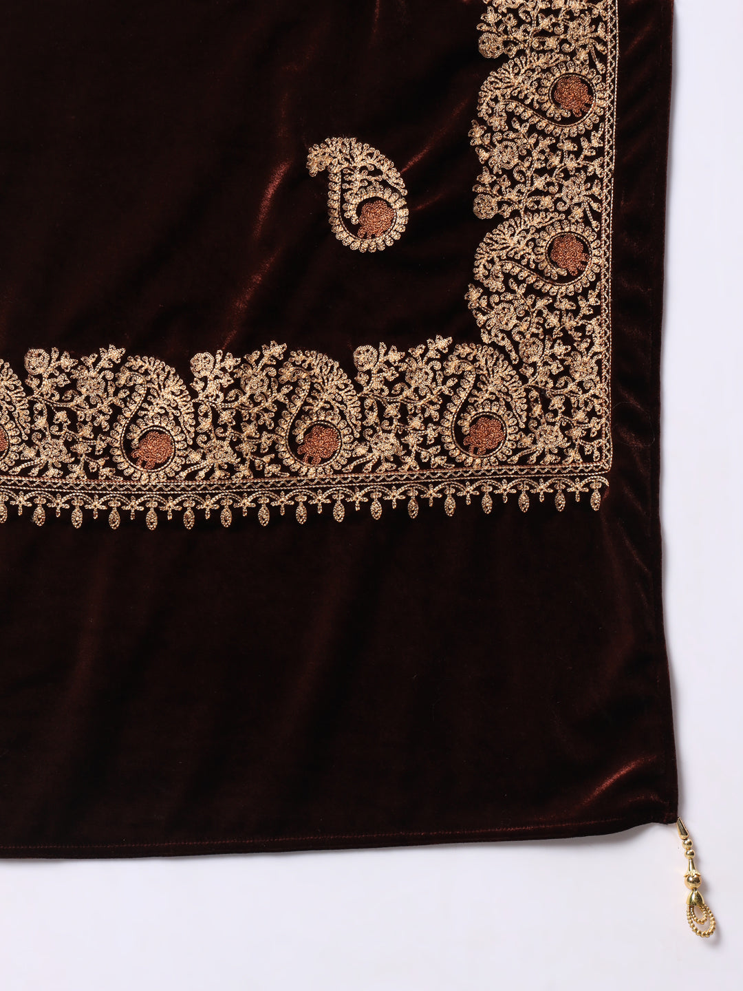 Soft Velvet Paisley Embroidered Stole For Women | Brown