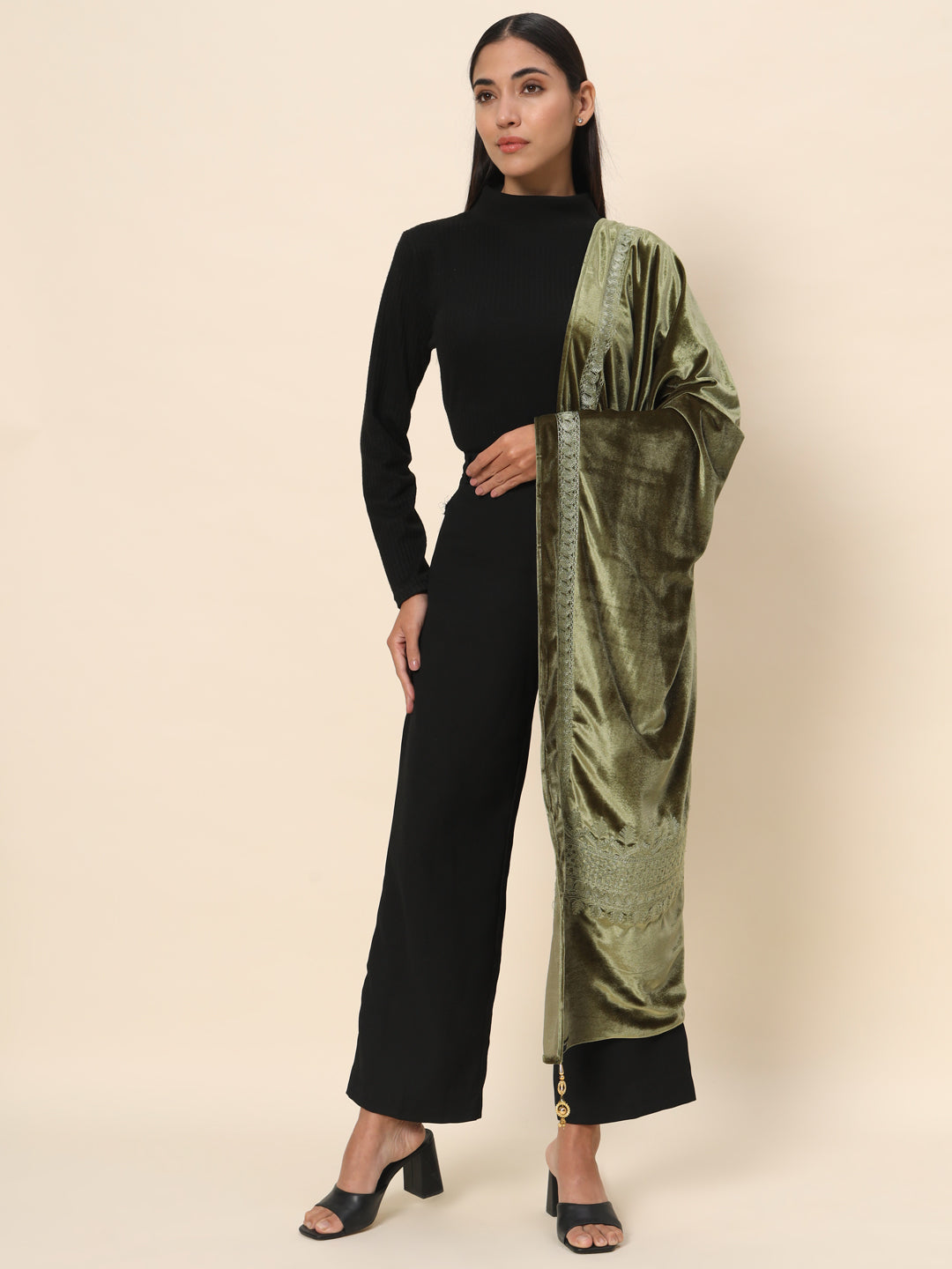 Soft Velvet Embroidered Stole For Women | Olive