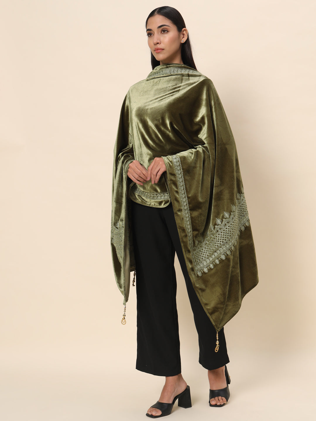 Soft Velvet Embroidered Stole For Women | Olive