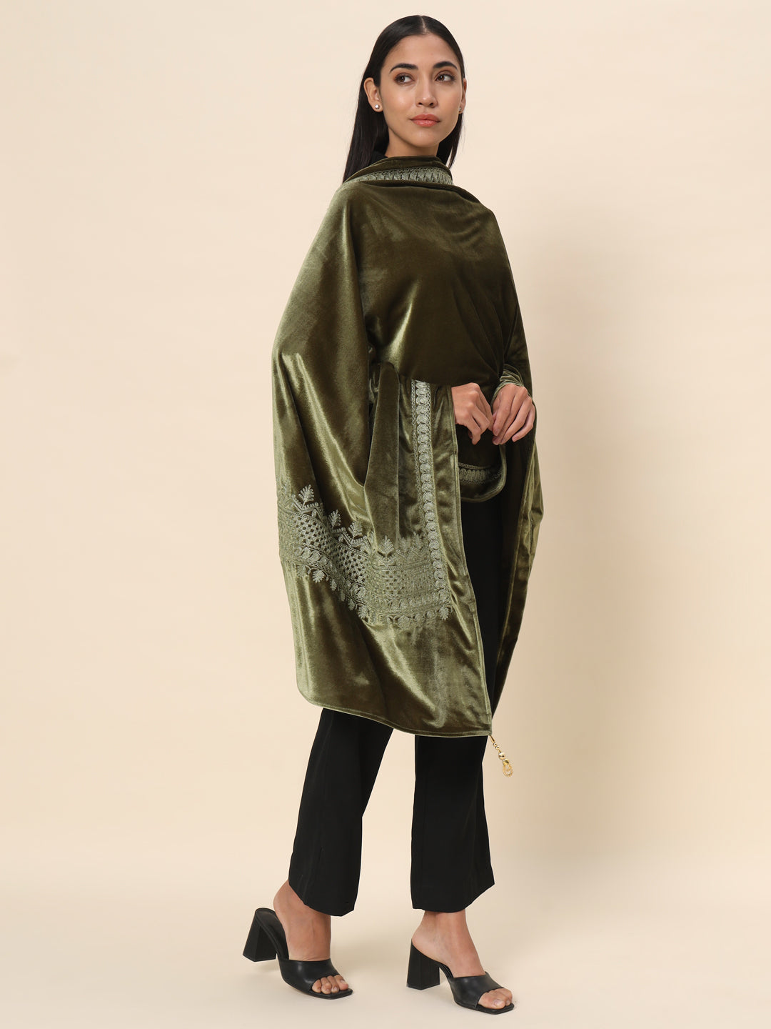 Soft Velvet Embroidered Stole For Women | Olive
