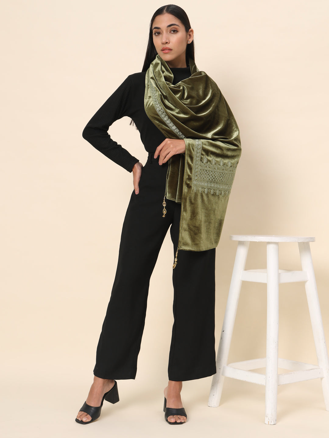 Soft Velvet Embroidered Stole For Women | Olive