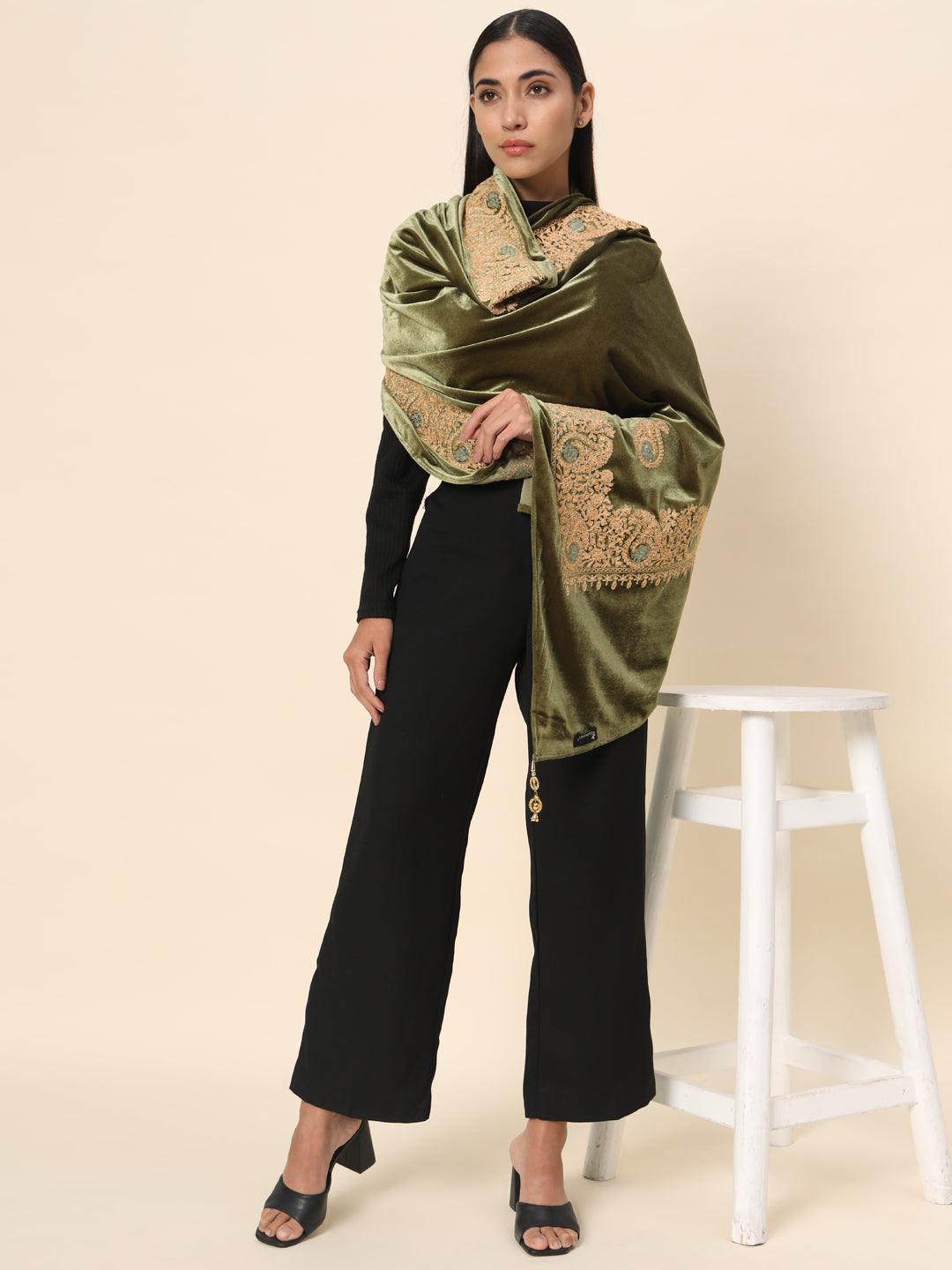 Soft Velvet Paisley Embroidered Stole For Women | Olive