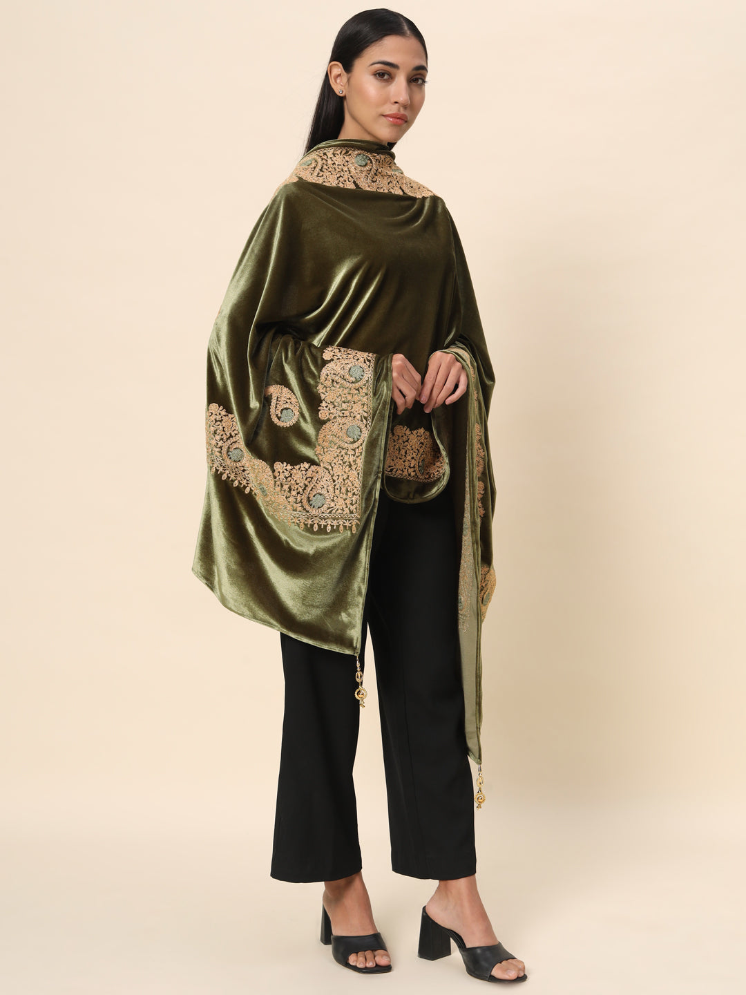 Soft Velvet Paisley Embroidered Stole For Women | Olive